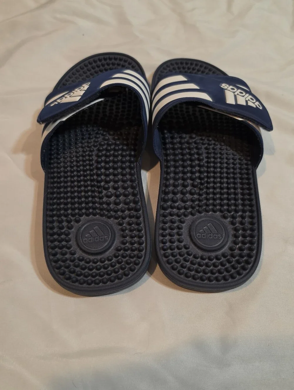 Adidas Adissage Navy Blue And White Velcro Slides Size 8